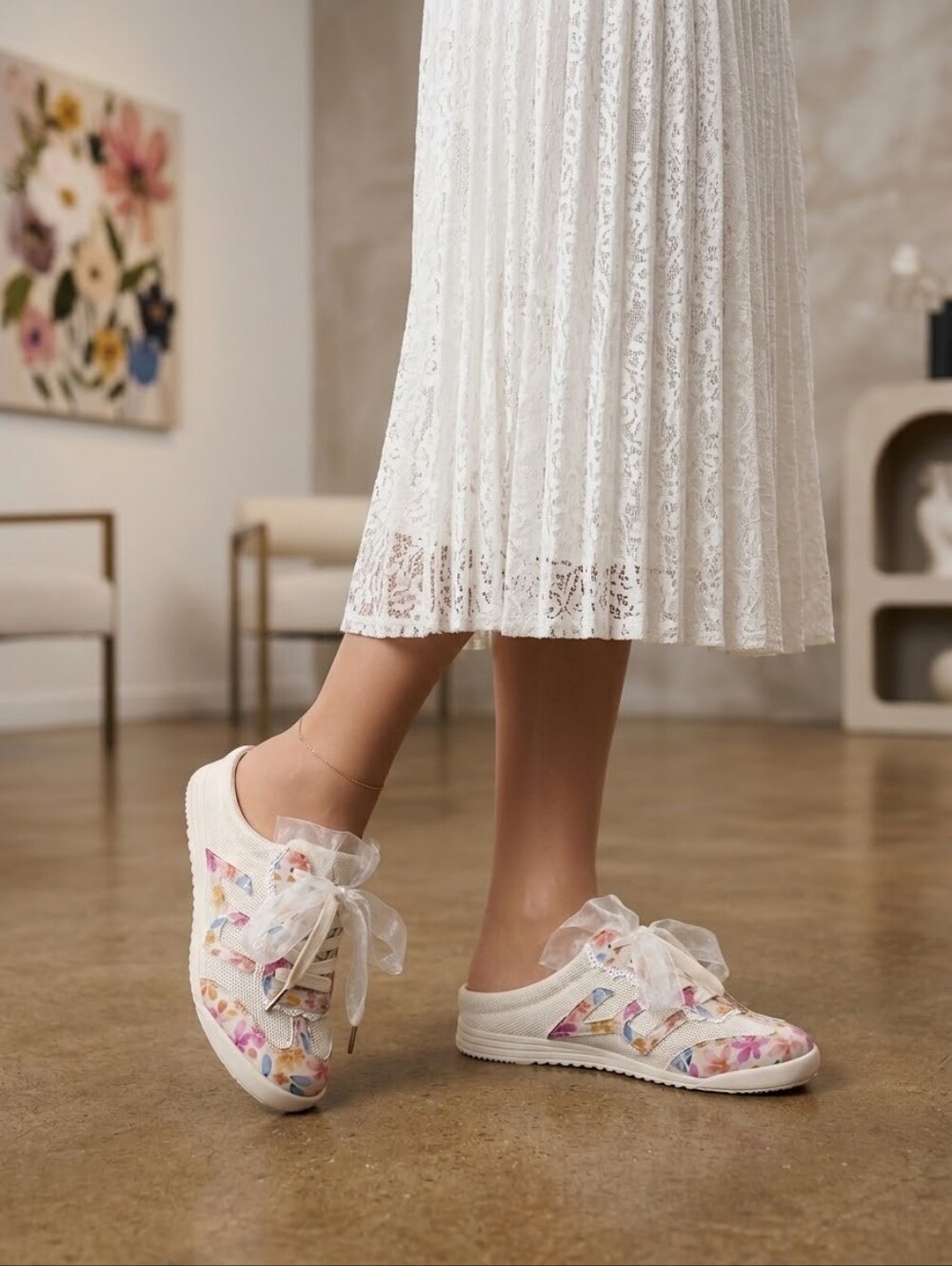 Floral Mule Sneakers with Organza Ribbon Bows – Size 8.5 US (Brand New with Tag